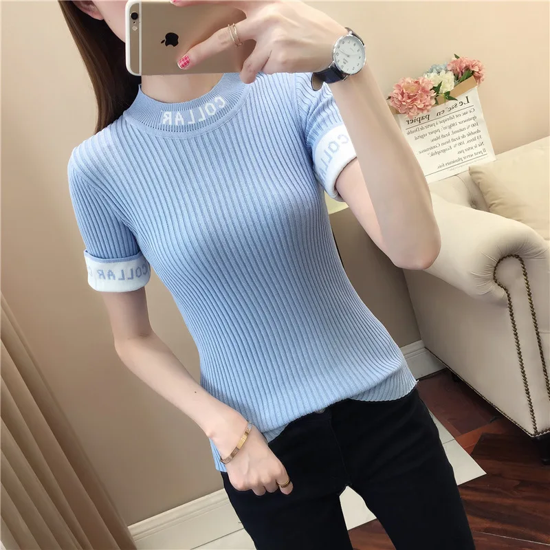 #6314 Spring Summer Blue Black White Yellow Harajuku Knitted Sweater Short Sleeved Sexy Thin Stretch Cotton Womens Sweaters Tide | Женская