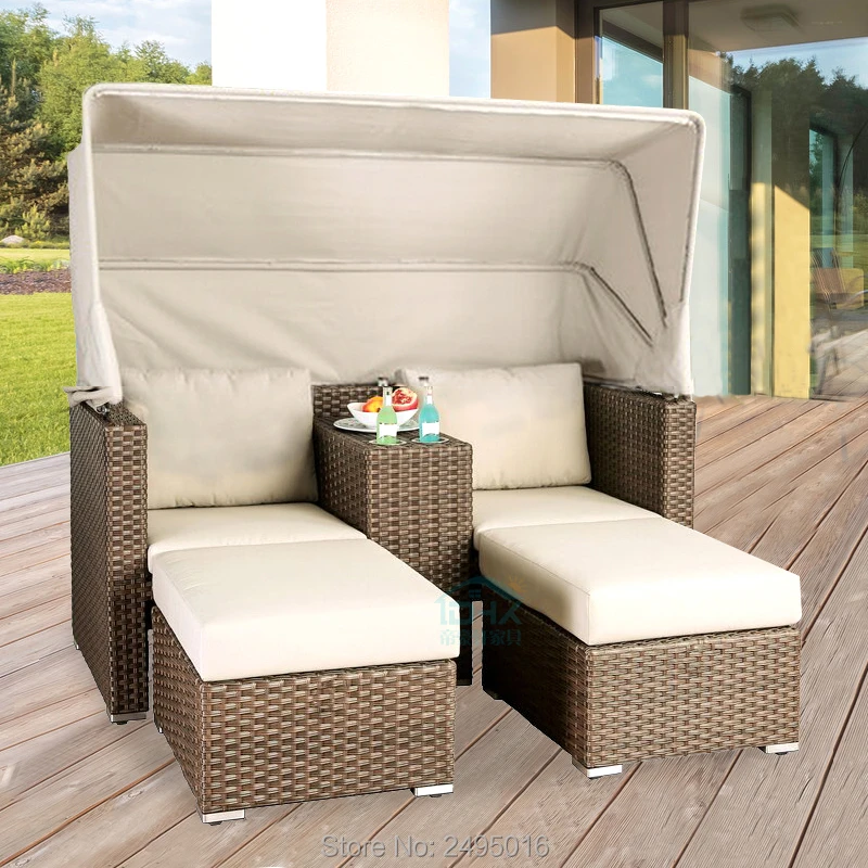 Outdoor Patio Pe Rattan Wicker Beach Chair Sectional Sunbed Outdoor Furniture Set With Cushion Canopy Sun Loungers Aliexpress