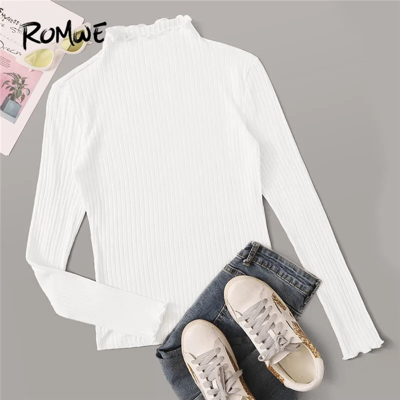 ROMWE Lettuce Trim Neck Rib-Knit Form Fitted Top Solid Fall Clothes for Women Stand Collar Black T Shirt Long Sleeve Ladies Tops