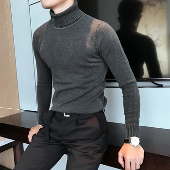 

Autumn and Winter New High-grade Thick Warm Fashion Solid Color Mens Casual Turtleneck Sweater Male Slim Business Knit Sweater