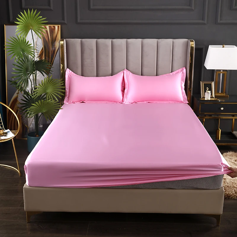 Satin Sheets Fitted Sheet Solid Color Rayon Mattress Cover Elastic Band