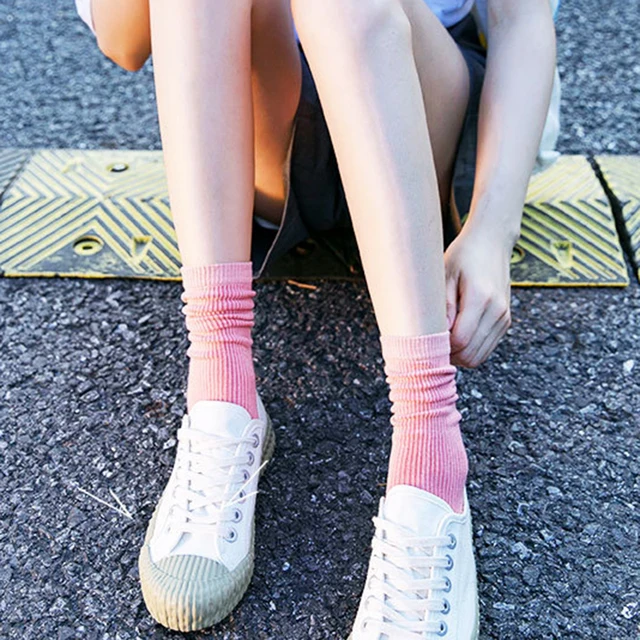 Solid color socks Ⅰ Middle tube Knitted Japanese Korea Loose Long Socks Women Pile Ins Soft Fashion girls Spring and Autumn longer Pink