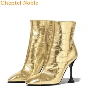 

High-Heeled Square Head Golden Crocodile Runway Side Zipper Boots 2019 Real Leather Women's Ankle Boots High Quality For Women