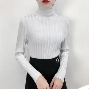

Women Autumn Winter Turtleneck Striped Bodycon Sweater Casual Long Sleeve Pullover Korean Style Slim Knit Tops