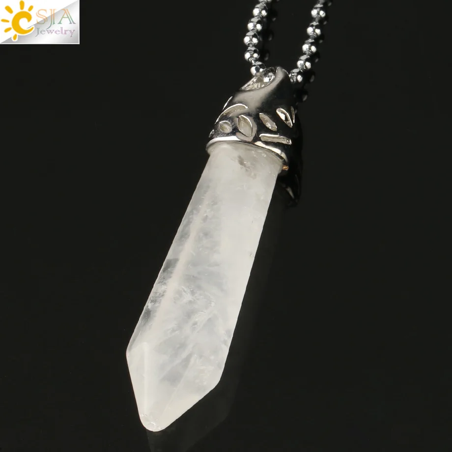CSJA натуральный драгоценный камень шестигранная колонна кулон лечебный Кристал, кварц ожерелья из оникса Подвеска для женщин мужчин модные ювелирные изделия G301 - Окраска металла: White Crystal