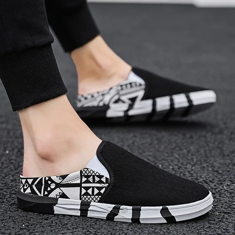 

3019 Summer New Style Flax Breathable Semi-Slipper Korean-style Trend Versatile Men Single-strap Slipper Canvas Cloth Shoes