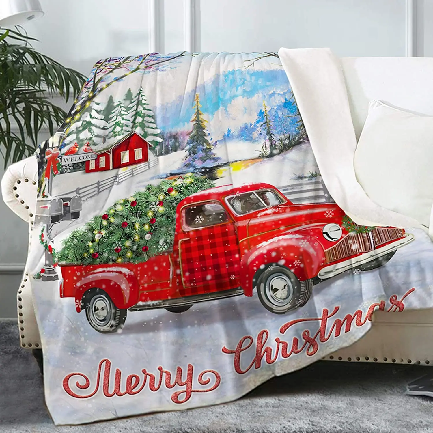 SUN-Shine Fleece Throw Blanket Fuzzy Soft Lightweight Blankets Truck with Christmas Tree Snowflake Plush Cozy Flannel Throws Retro Linen Buffalo Black Red Plaid for Couch Bed Sofa 50x60In