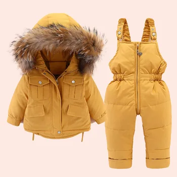 

2pcs Set Baby Girl Winter Down Jacket And Jumpsuit For Children Thicken Warm Fur Collar Jacket For Girls Infant Snowsuit 1-4Year