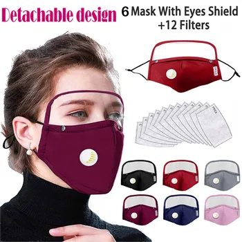 

6 Face Mask With Eyes Shield +12 Filters Maske Earloop Cover Respiratory Valve Breathing mascarilla reutilizable cubrebocas 721