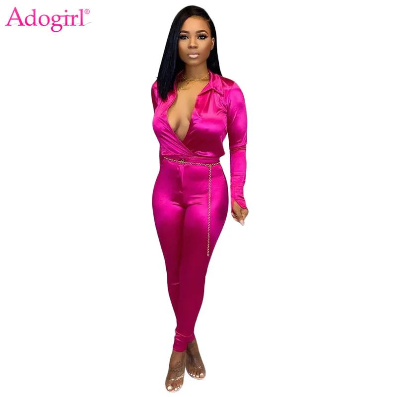 Adogirl Solid Office Lady Two Piece Set Sexy Deep V Neck Long Sleeve Shirt Top Pencil Pants Business Suit Women Fashion Clothing