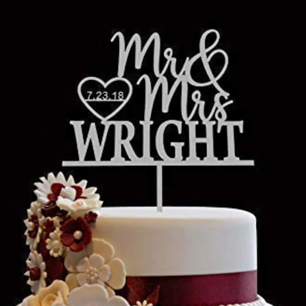 Glitter Cake Toppers Personalized Wedding Cake Topper Mr Mrs Heart Customized Wedding Date And Last Name To Be Bride & Groom 