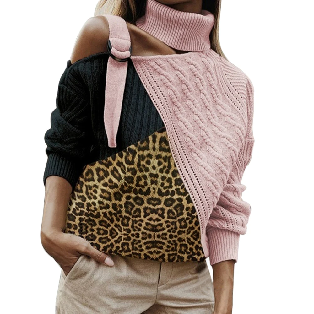 Леопардовый лоскутный свитер с высоким воротом, женский сексуальный леопардовый вязаный свитер с открытыми плечами, пуловер без бретелек с длинным рукавом и рукавом летучая мышь, топы - Цвет: pink
