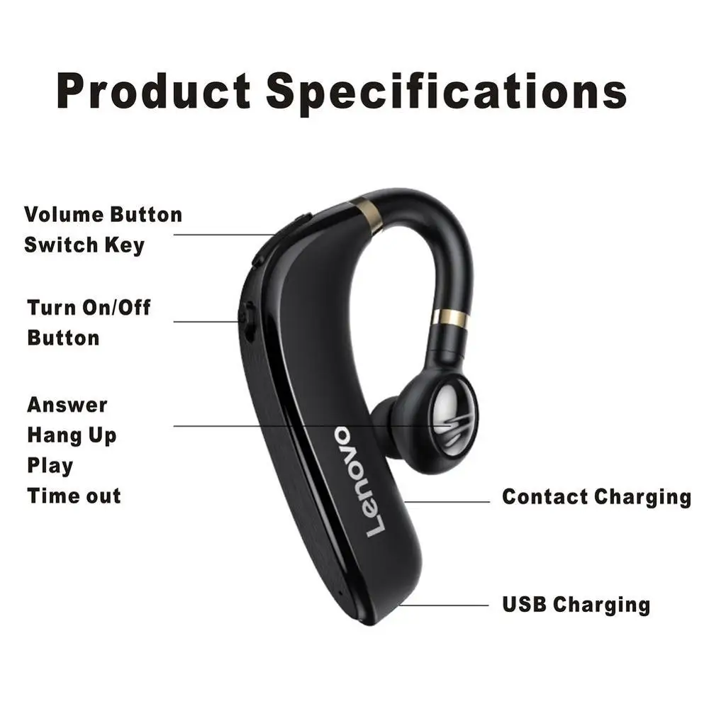 Деловые беспроводные Bluetooth наушники Lenovo HX106 с заушным крючком емкость 5 0