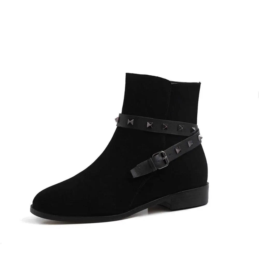 black2 cow suede Lenkisen/ботинки «Челси» из натуральной кожи с круглым носком на низком каблуке; модные зимние теплые женские ботильоны с заклепками и пряжкой; L23 - Цвет: black2 cow suede