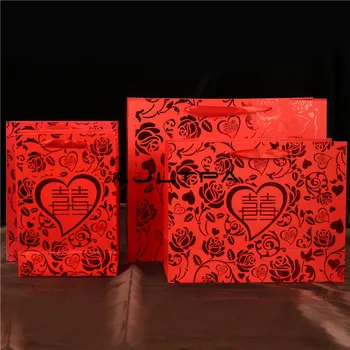

100pcs/lot Chinese Style heart shaped Red Double Happiness Wedding Gift Paper Bag With Handle Package Candy Bags