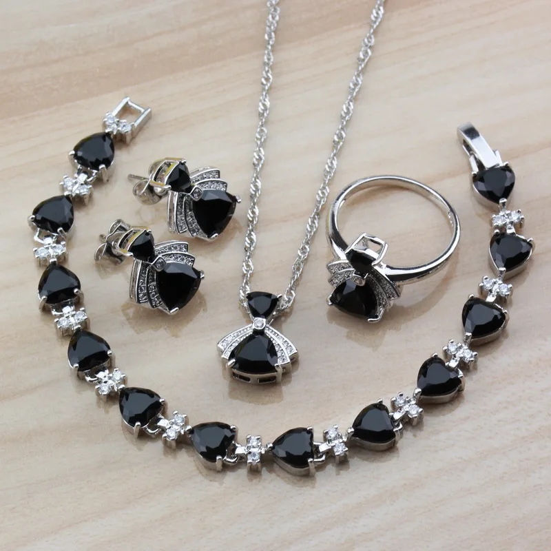 Сейчас низкая цена на продажу 925 серебро 4 шт Ювелирные наборы с натуральным черным кубическим цирконием модные вечерние женские костюмы подарочная коробка