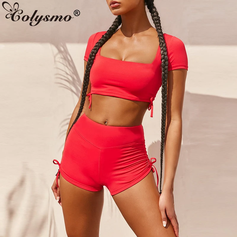 Colysmo Yellow Tracksuit Women 2020 Summer Sexy Back Hollow Out Crop Top Hight Waist Biker Shorts Two Piece Set White Activewear |