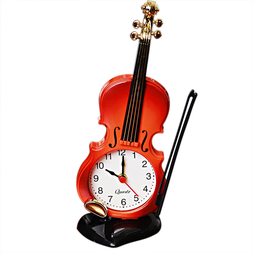 Table Clock Simulation Violin Creative Fashion Simple Alarm Clock Musical Instrument Shape Cartoon Desktop Living Room Plastic Ornaments