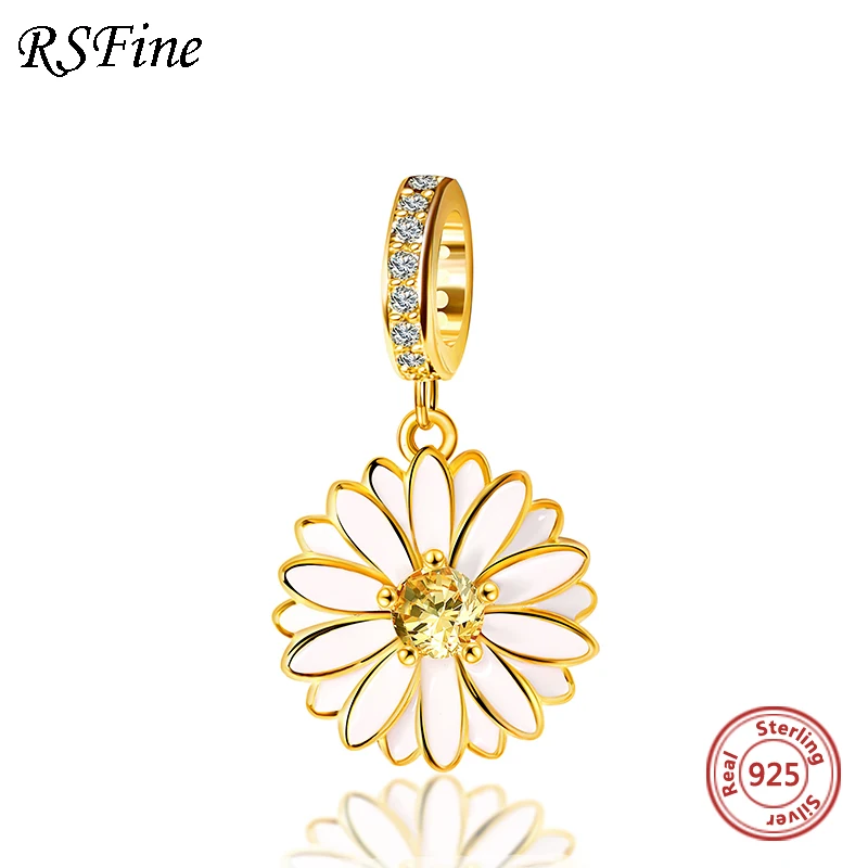

925 Sterling Silver daisy flower charm Original Design Gold Color Dangle charm Fit pandora charms Bracelet DIY Fine Jewelry