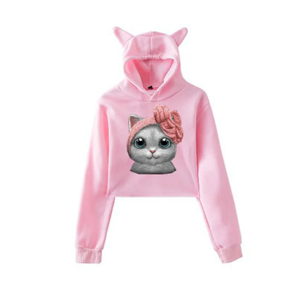 Милый женские худи Kawaii уличный сверхразмерный Свитшот толстовка с длинными рукавами и принтом кота пуловер с капюшоном топы толстовка