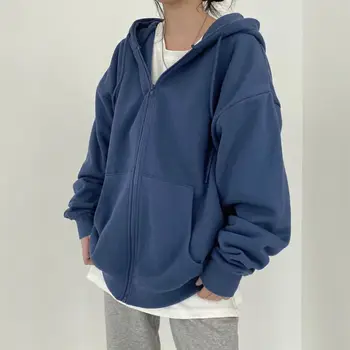 Women Korean Version Loose Hoodies Long Sleeve Zip Up Solid Pocket Oversized Sweatshirts Female Thin
