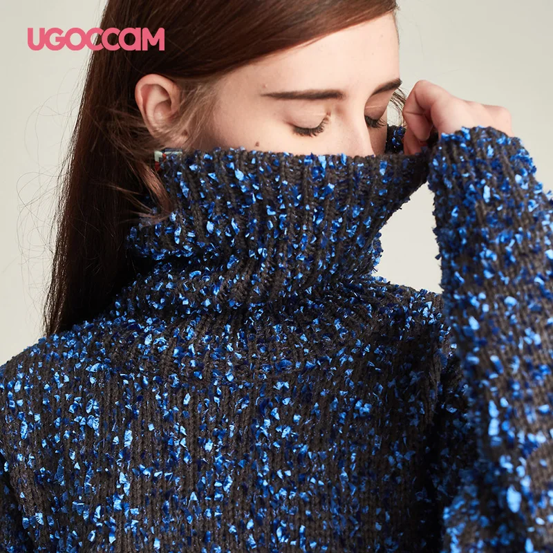 UGOCCAM, синее платье-свитер, зимнее рождественское платье для вечеринки, женское осеннее модное винтажное свободное платье с высоким воротником и длинным рукавом размера плюс