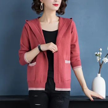 

2019 Woman New Spring And Autumn Sweater Coat Loose Hooded Solid Color Knit Cardigan Large Size Long Sleeve Sweater Coat 0802