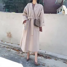 Женское корейское утолщенное длинное шерстяное пояса для пальто с длинным рукавом с поясом размера плюс женское пальто осень зима свободное шерстяное пальто