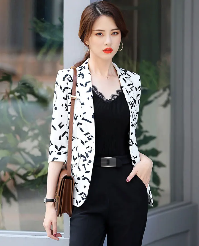 Spring New Fashion Blazers Printing Casual Suit Single Button Temperament Thin Slim Seven-sleeve Three Quarter Sleeve Suit
