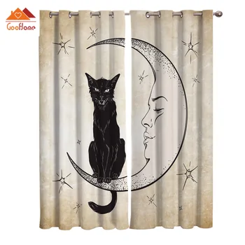 

Cat Moon Stars Retro Window Curtains Living Room Outdoor Fabric Drapes Curtain Home Decor