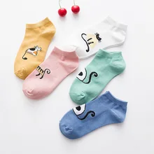 5 пар/лот, милые женские хлопковые носки с героями мультфильмов, 10 моделей, забавная для кошек собак, медведь, любовь, полоски, фрукты, носки, женские носки до щиколотки, новинка
