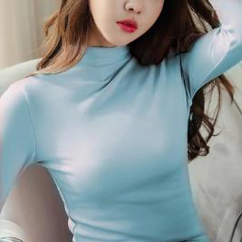 Sky blue Однотонная женская футболка, 3XL, Harajuku, винтажный Топ, Осень-зима, футболка, Корейская, негабаритная, одежда, рубашка, длинный рукав, Круглый ворот, хлопок, V686 - Цвет: Sky blue