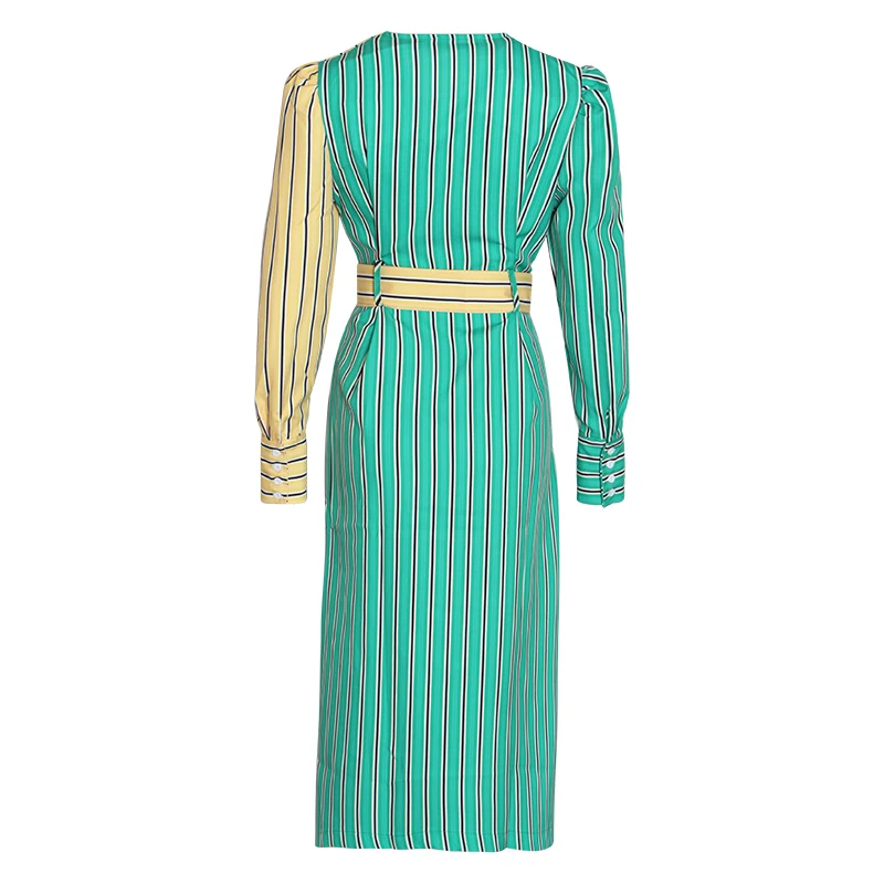TWOTWINSTYLE Striped The Dress Women V Neck Lantern Sleeve High Waist Sashes Tunic Hit Color Midi Dresses Female Fashion