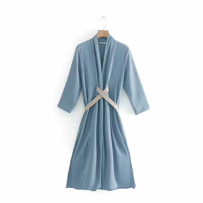 

New Women solid color cross sashes decorate casual kimono Dress Ladies autumn three quarter sleeve side split Dresses DS2876