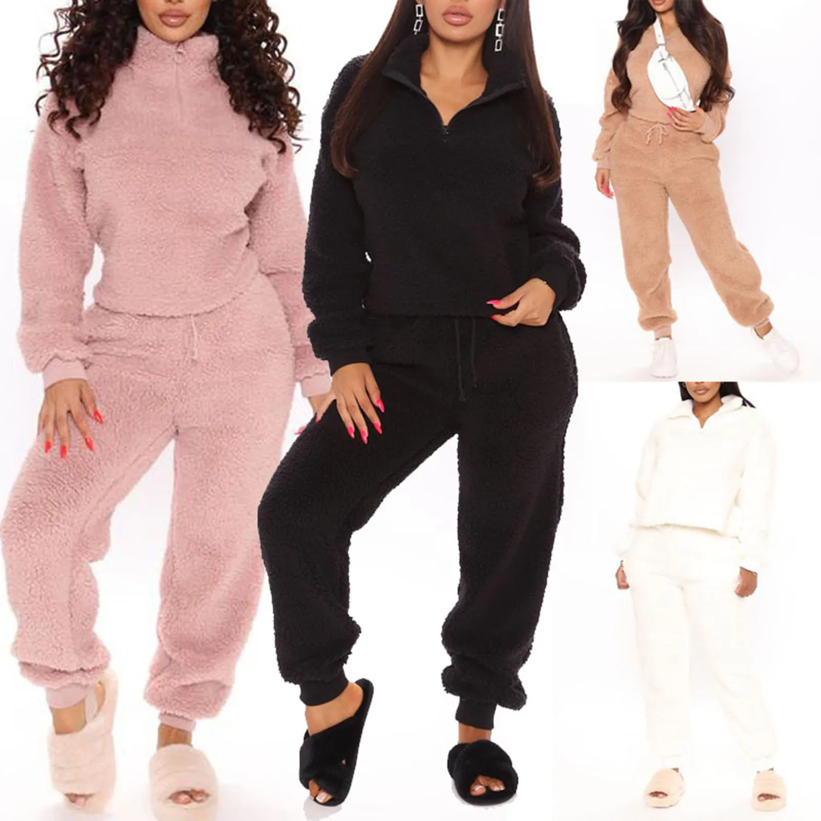 

Autumn Winter Warm Two Pieces Sets For Women 2020New Solid Thick Sweatshirt With Zipper Drawstring Harem Pants Outfit Homewear