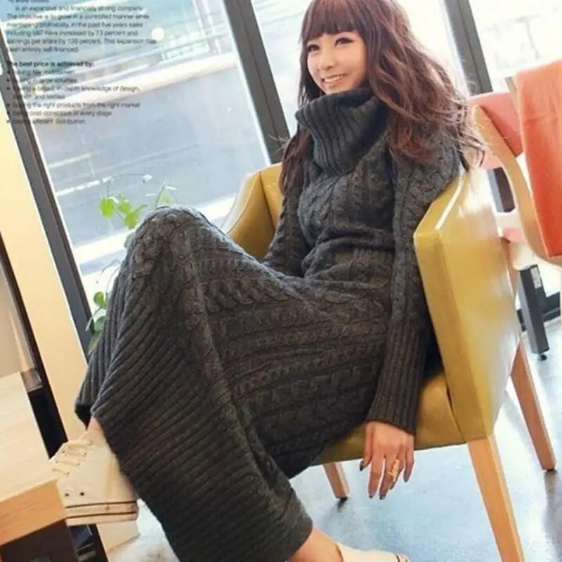 

2019 Women Long Sleeve Plus Size Sweater Dress Warm Casual Knitted Midi Dress Winter Turtleneck Slim Knit Dress