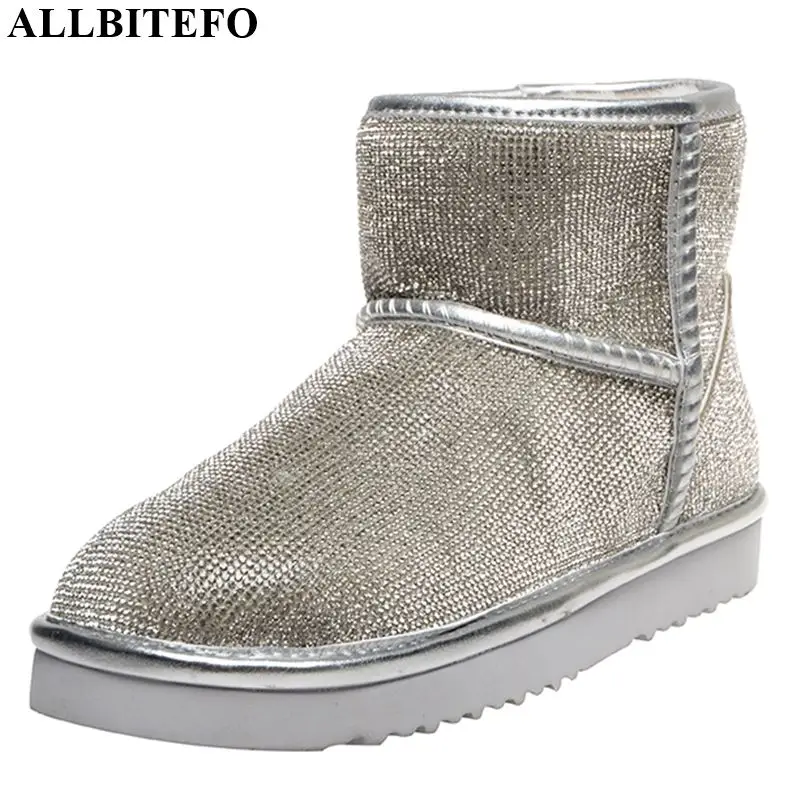

ALLBITEFO sweet Rhinestone genuine leather women boots True hair winter snow ankle boots for women martin boots girls shoes