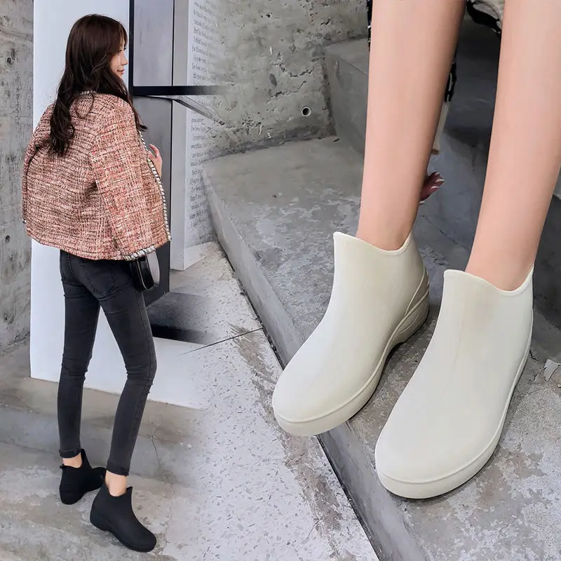 Japan Fashion Woman Ankle Rain Boots,House Wives Mark Shopping Platform Water Shoes,Rubber Galoshes,Non-slip,Slip On,Black,Beige