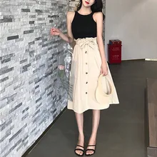 Womens Skirts Summer Autumn  Midi Knee Length High Waist Skirt Single Row Button Female School A line Elegant Skirt Korean Solid