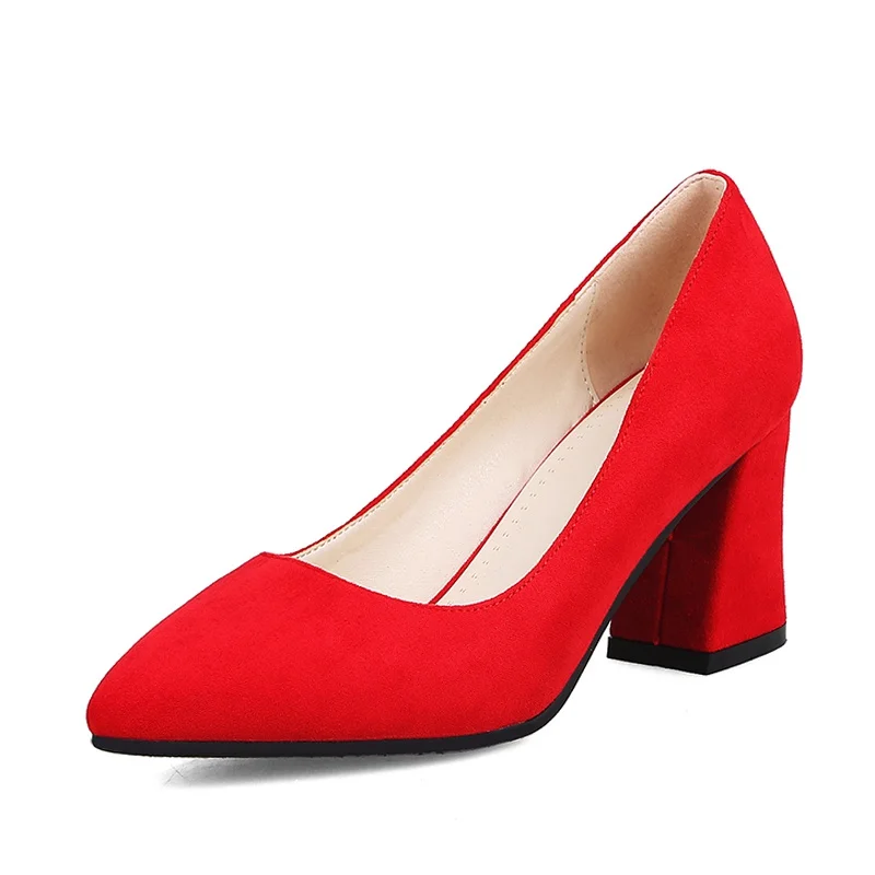 KemeKiss Pointed Toed Women Pumps Ladies Solid Color Slip On High Heels Matte Sweet Square Heel Shoes Women Footwear Size 31-43 - Цвет: Красный