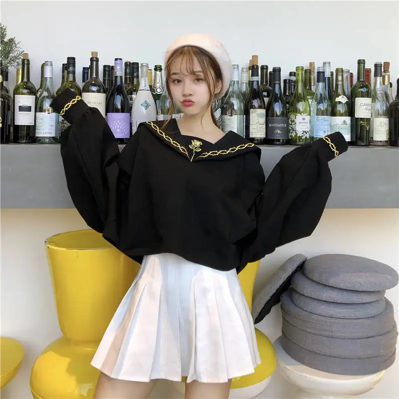 Новинка, Harajuku, японский вариант, черный пуловер, Осенние Джемперы, женские топы, Модные свободные повседневные толстовки с длинными рукавами для девочек, толстовки