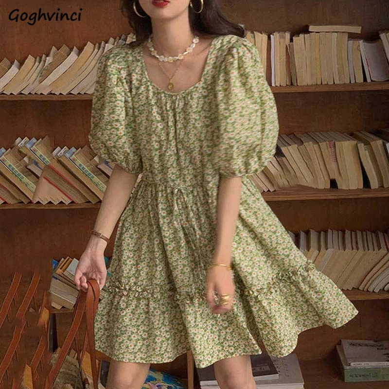 Floral Dress Women Vintage Puff Sleeve Knee-length Elegant Fungus Loose Gentle Dresses Fairy Korean Style Square Collar Vestido party dresses for women