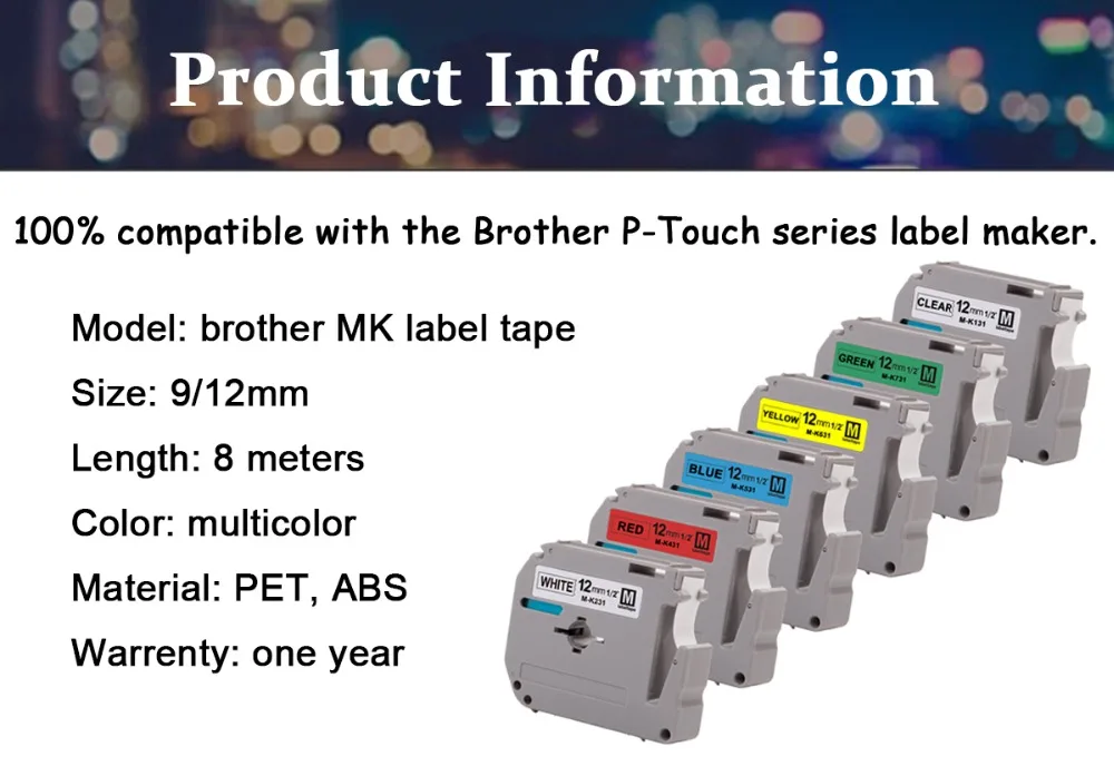 Description Picture 2 of itemCIDY Compatible brother M-K231 MK231 MK 231 MK-231 black on white 12mm laminated strong adhesive label tapes for PT-80 PT-70