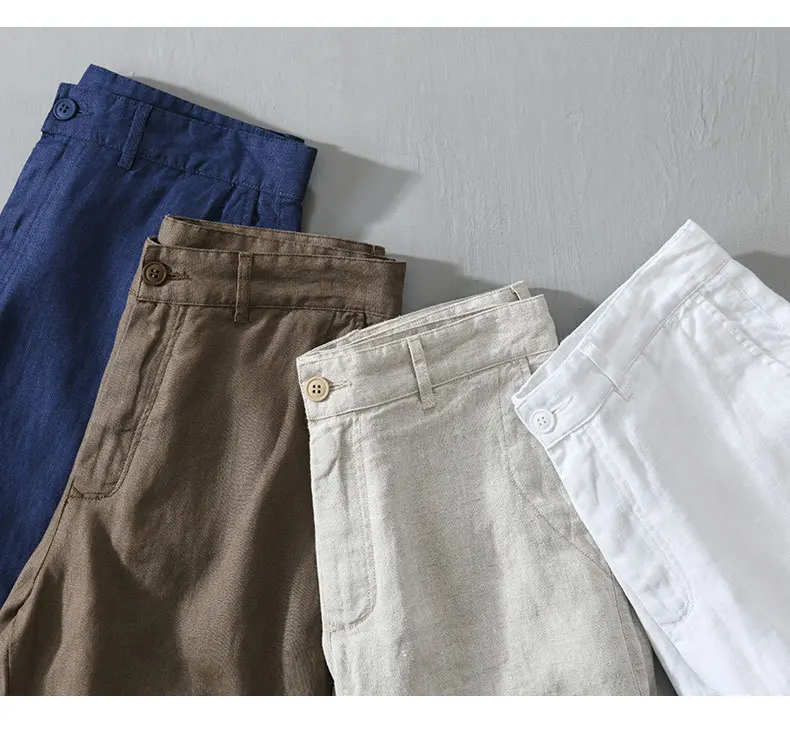 Linen Beach Shorts Mid Waist Men’s Summer Casual Business Straight Fit Pants