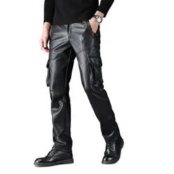 KIOVNO мужские зимние теплые кожаные брюки с несколькими карманами на мотоцикле брюки из искусственной кожи для мужчин флисовая подкладка