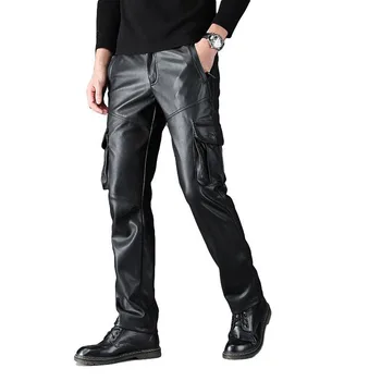 

KIOVNO Men's Winter Warm Leather Pants With Multi Pockets Motorycle Pu Leather Trousers For Male Fleece Lined Size 29-40 Black