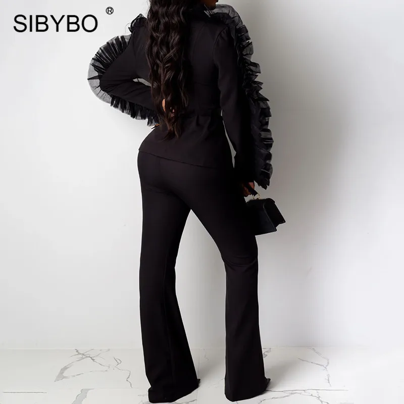 SIBYBO сетчатый осенний Женский блейзер и брюки, комплект с длинным рукавом и высокой талией, комплект из двух предметов, женский черный повседневный комплект для офисной леди