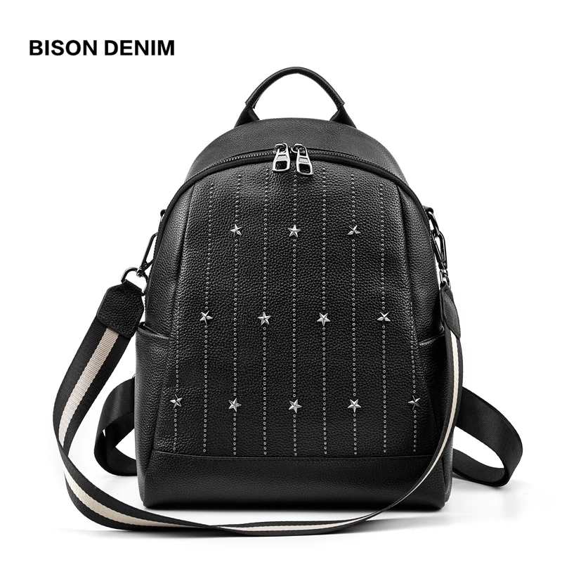 BISON DENIM многофункциональный женский рюкзак из натуральной кожи, женские сумки через плечо, брендовый маленький женский рюкзак, mochila feminina B1853 - Цвет: Black