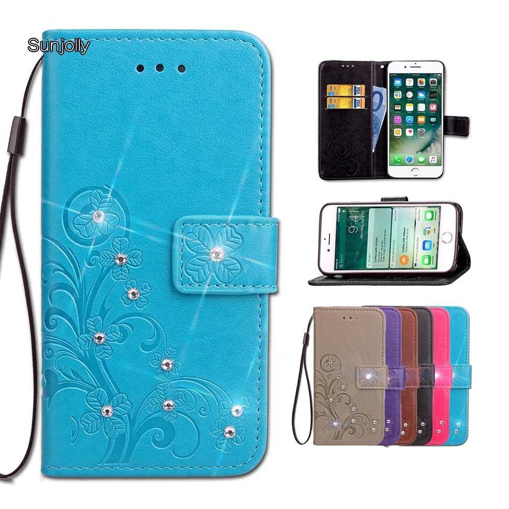 Sunjolly Rhinestone Leather Case Flip Wallet Cover coque fundas for Samsung Galaxy S9/ S9 Plus A5 A7 A8 2018 | Мобильные телефоны и