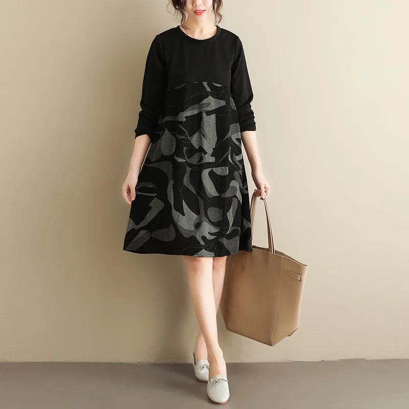 

Photo Shoot Spring And Autumn 2019 Fashion Simple Loose And Plus-sized Crew Neck Printed Slimming Mid-length Dress